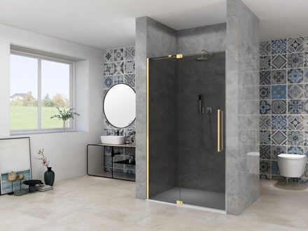 ST08 Nis draaideur - 130x200cm - grijs rookglas - dikte 8mm - 2 delig - muurprofiel - stabilisatiestang - Messing ST08300130GRSB Messing (goud)