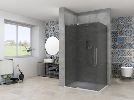 ST08 Nis Draaideur - 140x200cm - grijs rookglas - dikte 8mm - 2 delig - muurprofiel - stabilisatiestang - RVS ST08300140GRBN