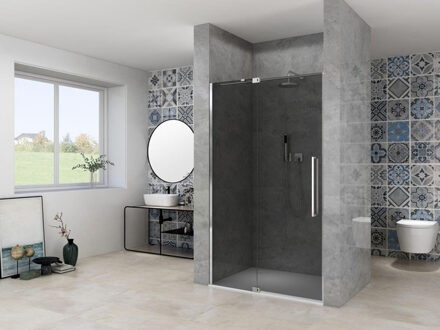 ST08 Nis Draaideur - 90x200cm - grijs rookglas - dikte 8mm - 2 delig - muurprofiel - stabilisatiestang - Chroom ST0830090GRCH