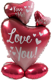 Staande Folieballon 3 hartjes Love You (77cm) Rood - Zalm