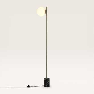 Staande lamp Elara marmo l - Met bol van handgemaakt opaalglas, voet van marmer - Zweeft als een maan door de ruimte - Voor binnengebruik Zwart/Goud