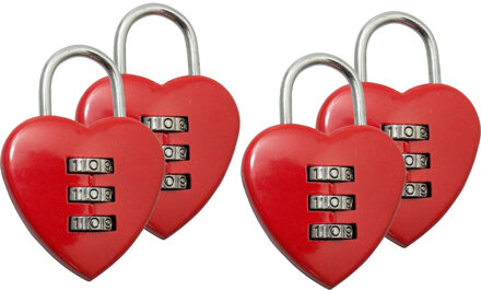 Stahlex Hangslot - 4x - rood - metaal - 38 mm - hartvormig 3-cijferig cijferslot