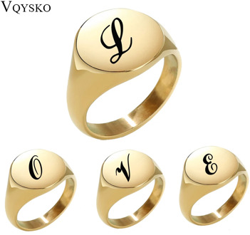 Stainless Steel Round Initial Alphabet Ring Glossy Women Men Unisex Gold Color A-Z 26 Letter Finger Rings Jewelry Wholesale