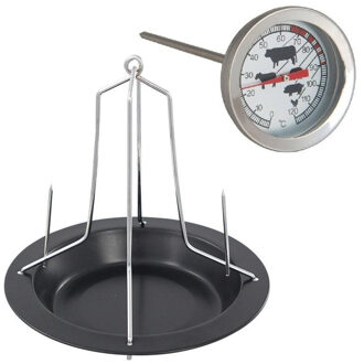 Stalen kippenspit/kiphouder met schotel zwart 20 x 18 cm met vleesthermometer - Ovenschalen