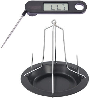 Stalen kippenspit/kiphouder met schotel zwart 20 x 18 cm met vleesthermometer