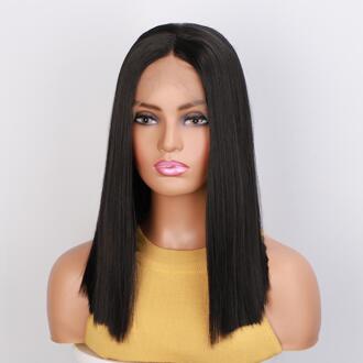 Stamped Glorious Korte Bob Lace Front Pruik Zwarte Rechte Synthetische Pruiken Voor Vrouwen Midden Divisie Gemiddelde Grootte Cap