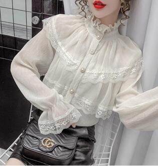 Stand-Up Kraag Chiffon Lange Mouwen Blouse Vrouwen Lente Niche Alle-Wedstrijd Overhemd Trompet Mouw Kant dieptepunt Top as photo / M