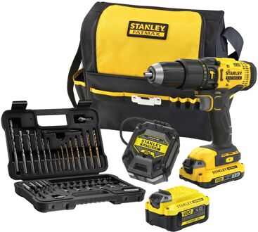 Stanley FATMAX SFMCD711DMA V20 KIT: 18V 1x2.0Ah 1x4.0Ah Schroefklopboormachine met 2 accu's en 50-delige accessoireset in softbag - SFMCD711DMA-QW