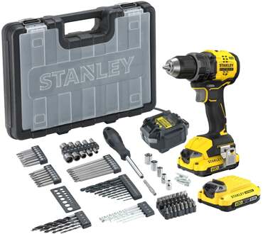 Stanley Schroefboormachine SFMCD714D2A-QW | Brushless | V20 | 18V | Incl. 100 accessoires in koffer | Incl. 2x 2.0Ah accu en lader - SFMCD714D2A-QW