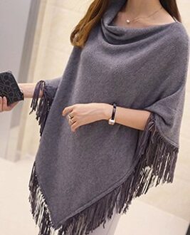 Stapel Kraag Bohemian Vintage Kwastje Effen Batwing Lange Truien Trui Poncho Cape Gebreide Trui Warme Chaqueta Shawl Jumper Grijs