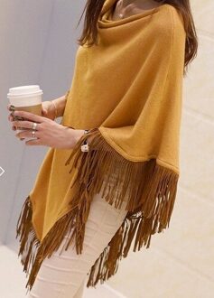 Stapel Kraag Bohemian Vintage Kwastje Effen Batwing Lange Truien Trui Poncho Cape Gebreide Trui Warme Chaqueta Shawl Jumper khaki geel