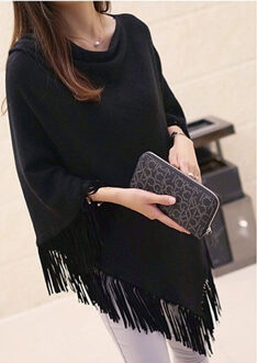 Stapel Kraag Bohemian Vintage Kwastje Effen Batwing Lange Truien Trui Poncho Cape Gebreide Trui Warme Chaqueta Shawl Jumper zwart