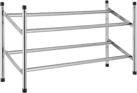 Stapelbaar aluminium schoenenrek uitschuifbaar 2-laags 62 tot 117 x 23 x 36 cm - Schoenenrekken Zilverkleurig