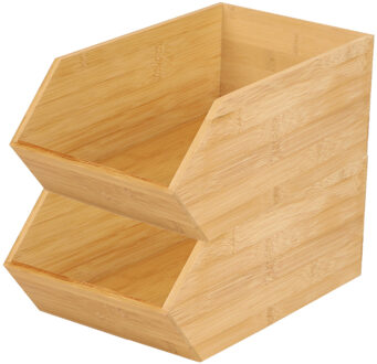 Stapelbare opbergmand 1 vaks - 2x - L18 x B31 x H12 cm - bamboe hout - lichtbruin - organizer