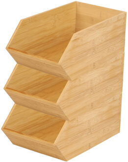Stapelbare opbergmand 1 vaks - 3x - L18 x B31 x H12 cm - bamboe hout - lichtbruin - organizer