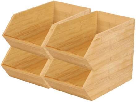 Stapelbare opbergmand 1 vaks - 4x - L18 x B31 x H12 cm - bamboe hout - lichtbruin - organizer