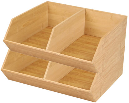 Stapelbare opbergmand 2 vaks - 2x - L35 x B31 x H12 cm - bamboe hout - lichtbruin - organizer