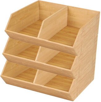 Stapelbare opbergmand 2 vaks - 3x - L35 x B31 x H12 cm - bamboe hout - lichtbruin - organizer
