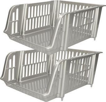 Stapelbare opbergmand - 2x - Zilver - 16 liter - kunststof - 38 x 28 x 15 cm