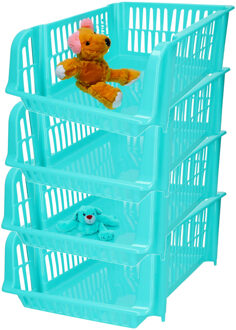 Stapelbare opbergmand - 4x - Blauw - 16 liter - kunststof - 38 x 28 x 15 cm