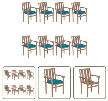 Stapelbare Teakhouten Tuinstoelenset - 8 Stoelen + Kussens - Lichtblauw - 58x50x89cm - Duurzaam Hard