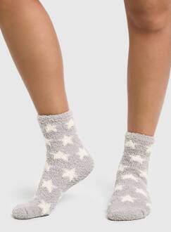 Star Print Fluffy Socks, Grey - ONE SIZE