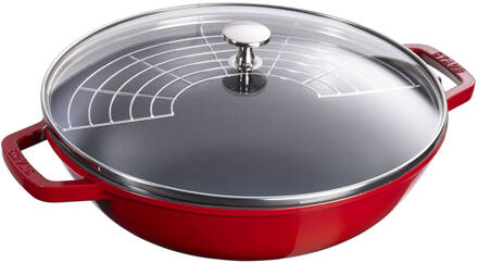 Staub gietijzeren wok 30cm rood met glazen deksel