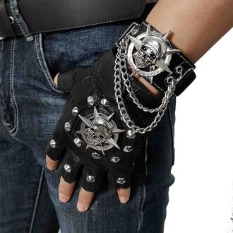 Steampunk Biker Lederen Handschoenen Mens Skull Punk Rock Handschoenen handschoenen met bracelt