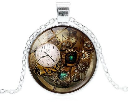 Steampunk Klok Ketting Klok Art Foto Glas Cabochon Hanger Collier Vrouwen Steampunk Sieraden XSWX2394-zilver