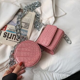 Steen Patroon Kleine Pu Leer Ronde + Flap Crossbody Tas Zomer Luxe Keten Schouder Handtassen En Portemonnees roze thick chain