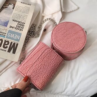 Steen Patroon Kleine Pu Leer Ronde + Flap Crossbody Tas Zomer Luxe Keten Schouder Handtassen En Portemonnees roze thin chain