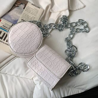Steen Patroon Kleine Pu Leer Ronde + Flap Crossbody Tas Zomer Luxe Keten Schouder Handtassen En Portemonnees wit thick chain