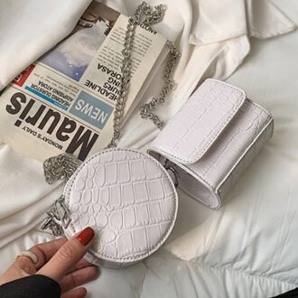 Steen Patroon Kleine Pu Leer Ronde + Flap Crossbody Tas Zomer Luxe Keten Schouder Handtassen En Portemonnees wit thin chain