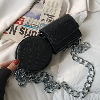 Steen Patroon Kleine Pu Leer Ronde + Flap Crossbody Tas Zomer Luxe Keten Schouder Handtassen En Portemonnees zwart thick chain