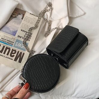 Steen Patroon Kleine Pu Leer Ronde + Flap Crossbody Tas Zomer Luxe Keten Schouder Handtassen En Portemonnees zwart thin chain