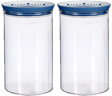 Stefanplast 2x stuks kunststof voorraadpot/bewaarpot transparant met deksel L12 x B12 x H18 cm - 2200 ML - Voorraadpot Blauw