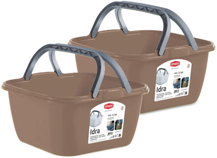 Stefanplast Wasmand/draagmand/teil met hengsel - 2x - kunststof - 13 Liter - cappuccino - 35 x 35 x 18 cm