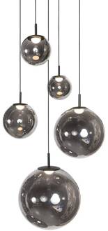Steinhauer LED hanglamp Bollique, 5-lamps. rond, zwart, glas zwart, rookgrijs