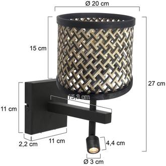 Steinhauer Stang wandlamp, LED leeslampje, zwart/naturel vlechtwerk zwart, natuurlijk