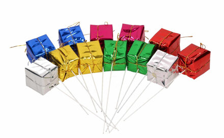 Stekers/prikkers met gekleurde cadeautjes - 12x stuks - 3 cm
