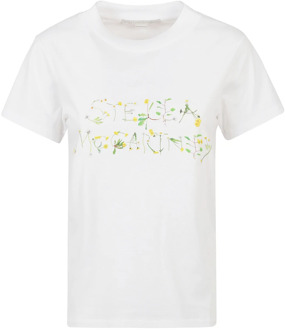 Stella McCartney Logo Print Wit Katoenen T-shirt met Bloemenborduursel Stella McCartney , White , Dames - S,Xs,2Xs