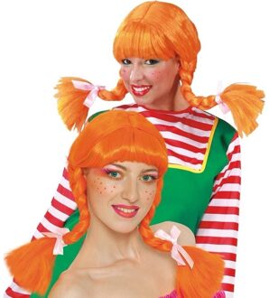 Sterk meisje carnaval verkleed pruik oranje - met staartjes - voor dames