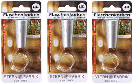 Stern Fabrik Flesverlichting kurk met lichtsnoer - 3x - zilver - LED - 80 cm - bottle lights - wijnfles