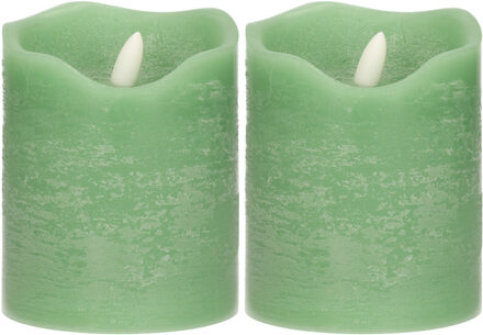 Stern Fabrik LED kaars/stompkaars - 2x - mintgroen - D7,5 x H10 cm - timer - 3D vlam