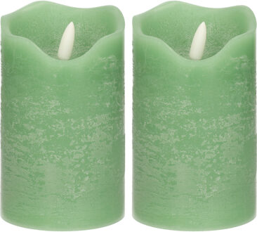 Stern Fabrik LED kaars/stompkaars - 2x - mintgroen - D7,5 x H12,5 cm - timer - 3D vlam