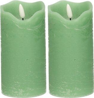 Stern Fabrik LED kaars/stompkaars - 2x - mintgroen - D7,5 x H15 cm - timer - 3D vlam