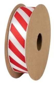 Stewo kerst satijnen cadeaulint rood witte strepen, formaat 0,15 x 300 cm