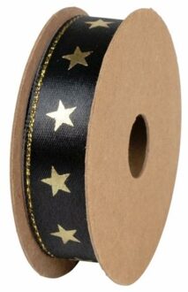 Stewo kerst satijnen cadeaulint zwart met gouden sterren, formaat 0,15 x 300 cm