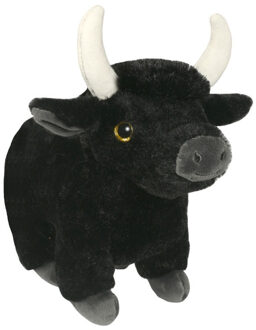 Stier/koe knuffel - zwart - pluche - 21 cm - dieren knuffels - knuffeldieren - knuffelkoe