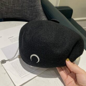 Stijl In Herfst En Winter Maan Geborduurde Bud Dragen Cap Ketting Hanger Crescent Baret Hoed Unisex M2